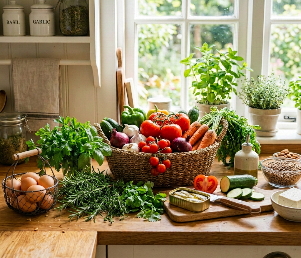 Basket of tomatoes, carrots, cucumbers, onions, fresh herbs on wooden kitchen counter